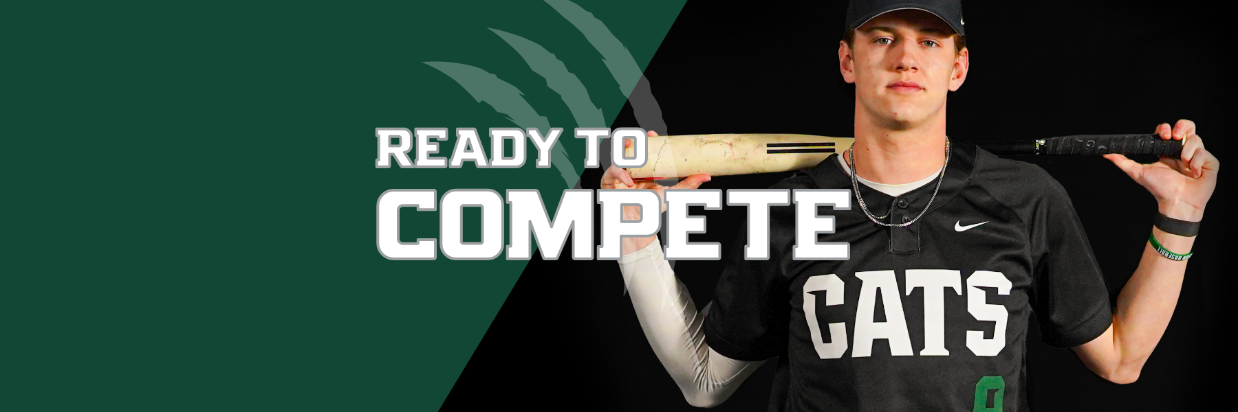 Baseball Player holding bat, text that reads &#34;Ready to Compete&#34;